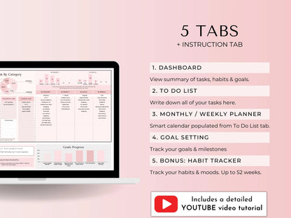 Pink Task Manager Spreadsheet: Habit Tracker, To-Do List (Google Sheets Digital Download