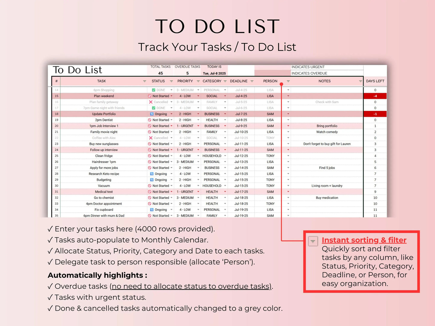 Pink Task Manager Spreadsheet: Habit Tracker, To-Do List (Google Sheets Digital Download
