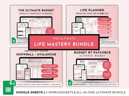 Life Mastery Bundle Google Sheets Templates – Budget, Habit, Goal Tracker, Meal Planner (Pink Digital Download)
