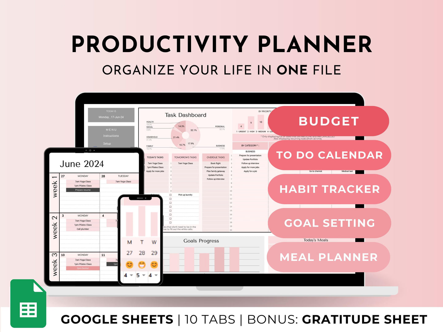 Google Sheets Productivity Planner Template – Digital Life Organizer With Calendar, Budget, Task, Habit, and Goal Tracker