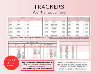 Life Mastery Bundle Google Sheets Templates – Budget, Habit, Goal Tracker, Meal Planner (Pink Digital Download)