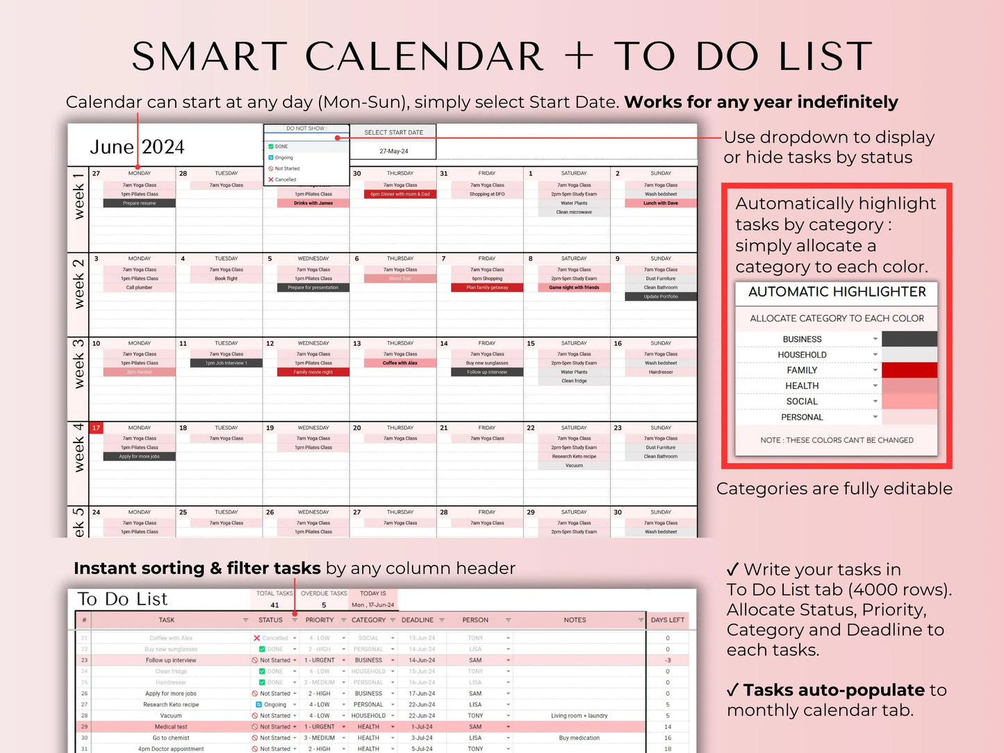 Life Mastery Bundle Google Sheets Templates – Budget, Habit, Goal Tracker, Meal Planner (Pink Digital Download)