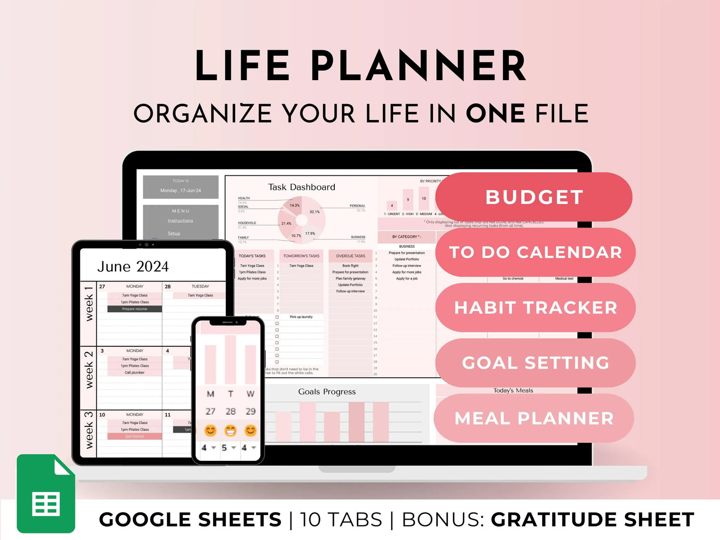 ADHD Life Planner Google Sheets Template – Budget, Task, Habit, Goal, Meal and Calendar Organizer