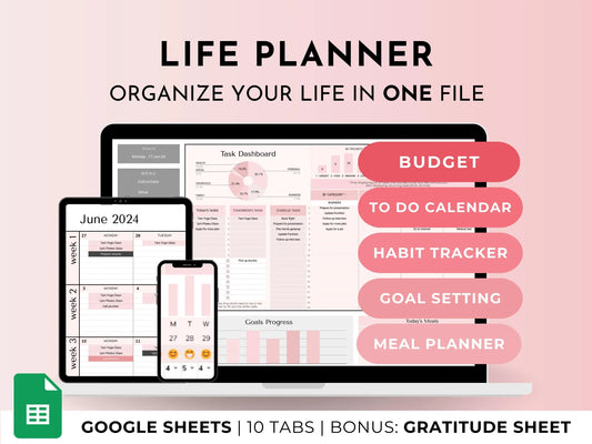 ADHD Life Planner Google Sheets Template – Budget, Task, Habit, Goal, Meal and Calendar Organizer