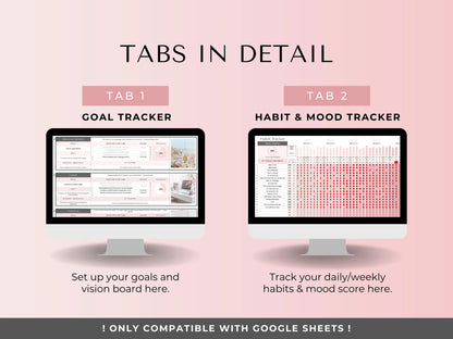 Google Sheets Habit, Mood & Goal Tracker Template with Digital Vision Board