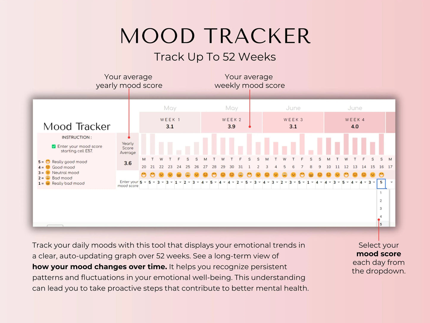 Google Sheets Habit, Mood & Goal Tracker Template with Digital Vision Board