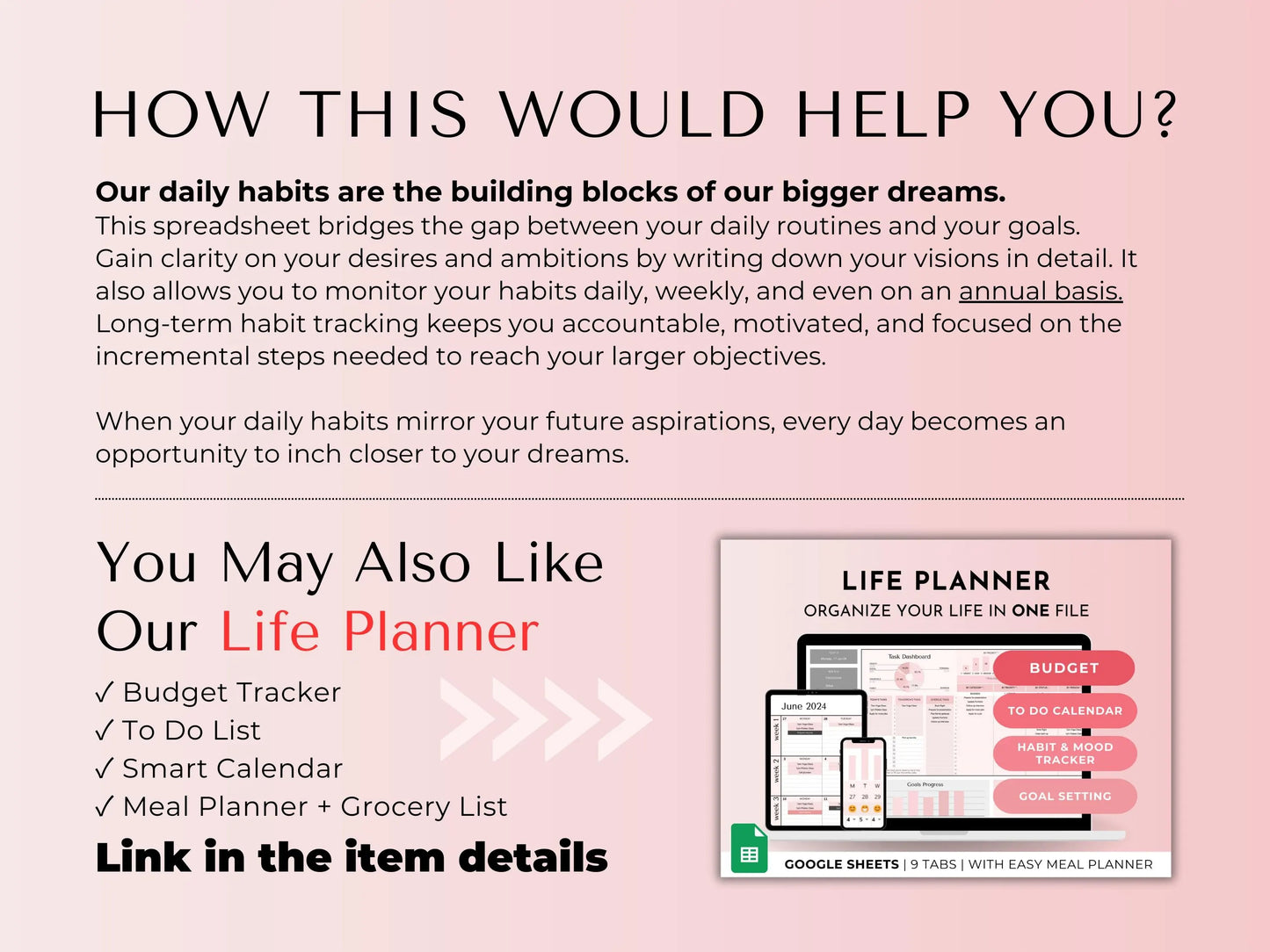 Google Sheets Habit, Mood & Goal Tracker Template with Digital Vision Board